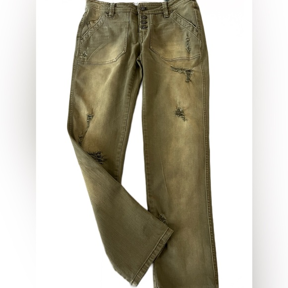 FREE PEOPLE Green Distressed Faded Straight Leg Jeans Exposed Buttons Sz 0 32x28 - Picture 1 of 8